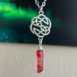 Round Celtic knot with red aura blood crystal quartz stainless steel necklace